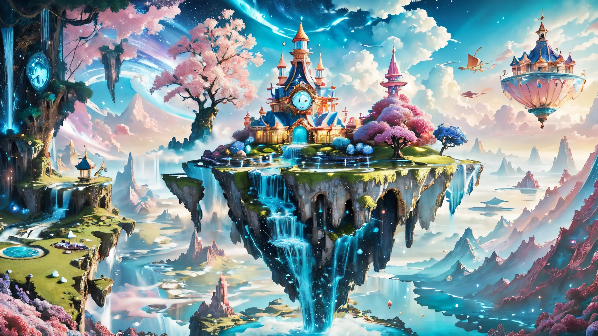 clock_realm,clock,((masterpiece)),((best quality)),8k,high detailed,ultra-detailed,illustration,concept art,fantasy,a floating island,candy tree,porcelain house, (floating waterfalls:1.1),(floating islands in the sky:1.2),magical creatures,capturing the otherworldly beauty of a floating fantasy realm,