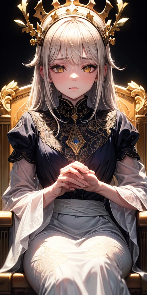 (Masterpiece:1.2), best quality, (illustration:1.2), (ultra-detailed), hyper details, (delicate detailed), (intricate details), (cinematic light, best quality Backlights), clear line, from below, soloist, perfect body, (1girl), white hair and yellow eyes, (emperor, black see-through clothes), (crown: 1.1), sitting on the throne, eyes slightly closed, head down, (shy: 1.2 ), (makeup), high contrast, (best illumination, an extremely create and beautiful), (cinematic light), colorful, blonde hair, white dress