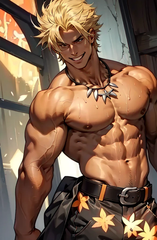 1 male,Handsome,Tall stature,muscle,Black briefs,necklace,shenwoo,belt,Sexy body,Naughty smile,Glowing skin,Incredibly sexy,Sweat,blond,smile,masterpiece