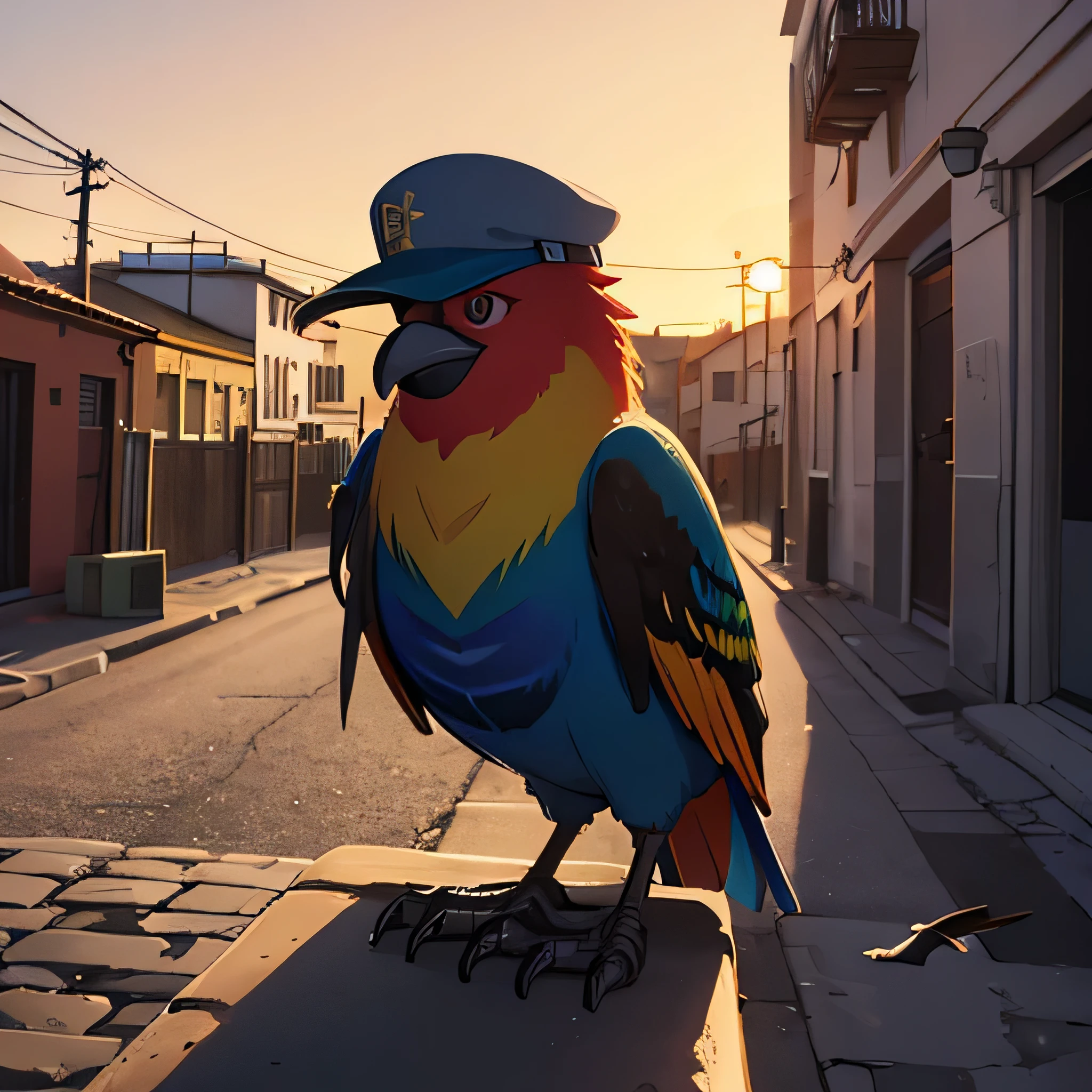 A colorful bird embodying the spirit of Latin America, wearing a backwards cap and a fitted shirt. The bird has a defiant expression, set against an urban backdrop with graffiti and cobblestone streets. The scene is lit by the warm glow of sunset, adding an air of mystery and Angry.
