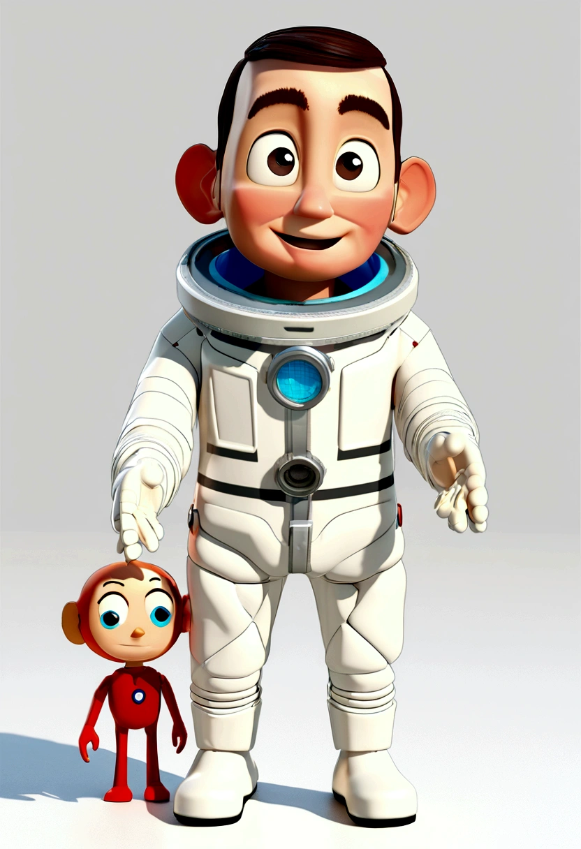 a happy cute little boy standing with short hair, Wearing a space suit, , White background, The boy, Thomas, Pixar Style, ....3D, Cartoon, detailed face, asymmetric 16k