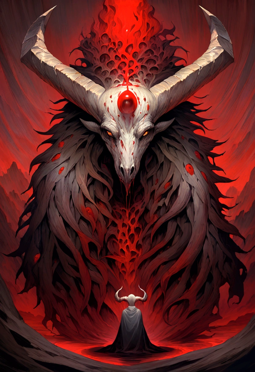 A monstrous creature, made only of blood and nothing more than just the red liquid, where from the waist down there is only a pool of blood from where it came out. This chilling and surreal image is of a painting that depicts a creature unlike any other. The detail is extraordinary, with the blood appearing almost natural in its texture and color, the horn contrasting sharply with the red background. The overall tone is horrific and mesmerizing, inviting viewers to delve into the dark and mysterious world portrayed in the artwork.