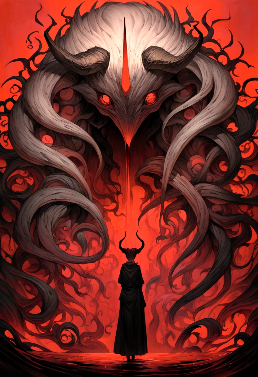 A monstrous creature, made only of blood and nothing more than just the red liquid, where from the waist down there is only a pool of blood from where it came out. This chilling and surreal image is of a painting that depicts a creature unlike any other. The detail is extraordinary, with the blood appearing almost natural in its texture and color, the horn contrasting sharply with the red background. The overall tone is horrific and mesmerizing, inviting viewers to delve into the dark and mysterious world portrayed in the artwork.