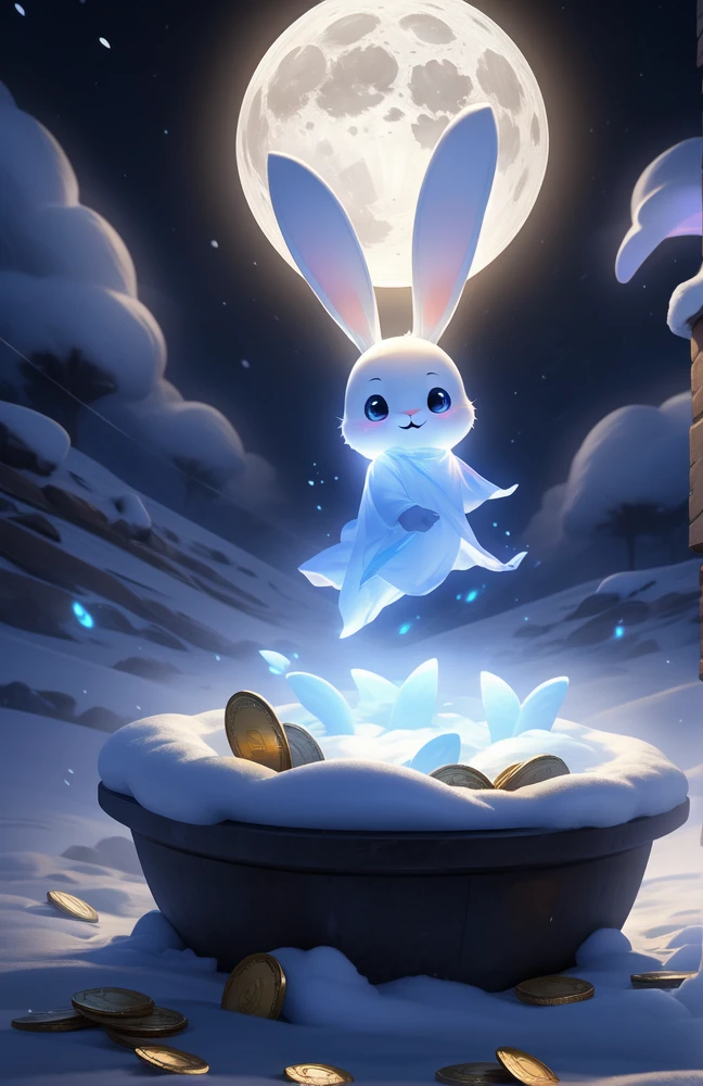 (((Ghost Bunny ))) Cute air creatures, Bitcoin, A lot of coins are falling, Buried in the snow at night, Moonlight,Magic in the air,Calm and peaceful atmosphere,Signs of fog in the distance,Great quality,Infinite photorealistic detail, 4K,