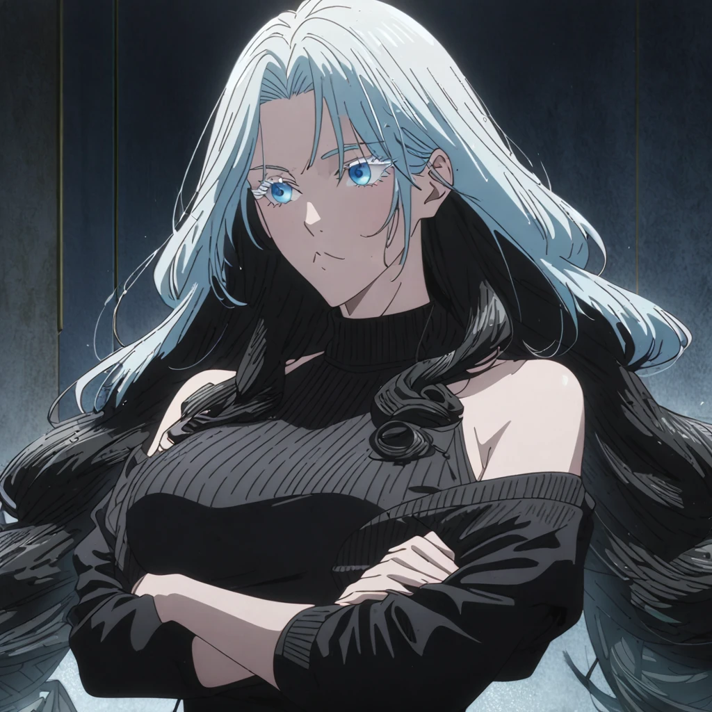1girl, female gojo satoru, anime screencap from jujutsu kaisen, gojo satoru female version, solo, very long_hair, ((smooth texture hair)) blue eyes, ((white eyelashes)), ((very long white_hair)), night view, breasts, upper_body, smile, indoors, book, bangs, blue_eyes, lips, (wearing round sunglasses) (( **Hairstyle Description:** The hairstyle is a sleek, long, and elegant look: - **Length:** The hair is long, extending past the shoulders. **Texture:** The hair has a smooth and glossy texture. - **Parting:** The hair is parted on the side, giving a sophisticated yet natural appearance. - **Layers:** There are subtle layers that add dimension and movement to the style.)) wearing black color sweater off the shoulder, breast, "very detailed and high resolution" (blue eyes) ((cross arms)) ((smooth texture hair)) ((solo)) ((high resolution)) ((upper body)) (Good quality)