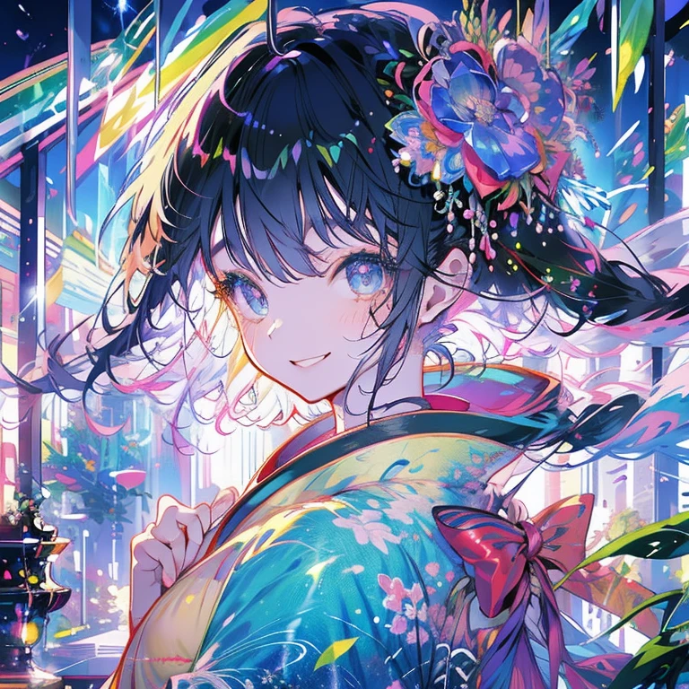 masterpiece、Rainbow Hair、Rainbow Eyes、smile、Delicate Eyes、Tying up hair、Beautiful hair accessories、kimono、Japanese sweets、Japanese-style room、bamboo forest