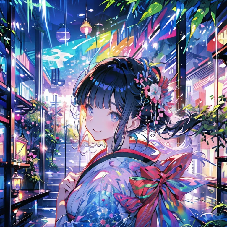 masterpiece、Rainbow Hair、Rainbow Eyes、smile、Delicate Eyes、Tying up hair、Beautiful hair accessories、kimono、Japanese sweets、Japanese-style room、bamboo forest