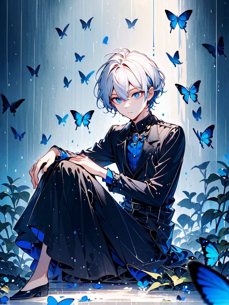 Illustration of a character with white hair, blue eyes, and wearing round sunglasses. They are dressed in a dark outfit, surrounded by blue and black butterflies under a light rain. The character is sitting with one arm resting on their knee and the other hand touching the ground.