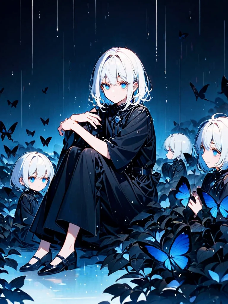 Illustration of a character with white hair, blue eyes, and wearing round sunglasses. They are dressed in a dark outfit, surrounded by blue and black butterflies under a light rain. The character is sitting with one arm resting on their knee and the other hand touching the ground.