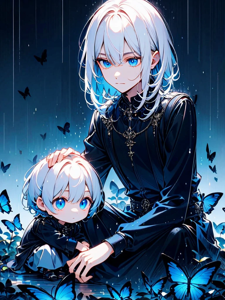 Illustration of a character with white hair, blue eyes, and wearing round sunglasses. They are dressed in a dark outfit, surrounded by blue and black butterflies under a light rain. The character is sitting with one arm resting on their knee and the other hand touching the ground.