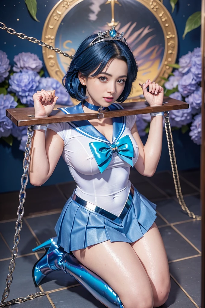 masterpiece,Highest quality, Ultra-high resolution, (Realistic), RAW Photos, Octane Rendering, Wearing a Sailor Mercury costume, Being restrained on the pillory, ((Pillory1.5)), Stainless Steel Pillory, Hit your head, Flail in hand, Flail Leg, Feeling defeated, Feelings of despair, woman, (２０age), Plump face:1.2, sexy, Highest quality, Very detailed, Very accurate, 成熟したwoman, (36age), Plump face:1.2, ((Wearing a Sailor Mercury costume, Being restrained)), ((Pillory, Stainless steel restraint table)), (Detailed Sailor Mercury Suit), ((Blue sailor collar, Ripped blue pleated mini skirt, Exposed thighs, Long gloves, Blue long boots, Stiletto heels, choker, tiara)), (((Shiny Costume))), Bright blue hair:1.3, Big eyes:1.3, Droopy Eyes 1.2, Solid eye makeup:1.3, Large Breasts:1.1, Fine grain:1.4, Looking at the audience:1.2, Imprisoned in a dungeon