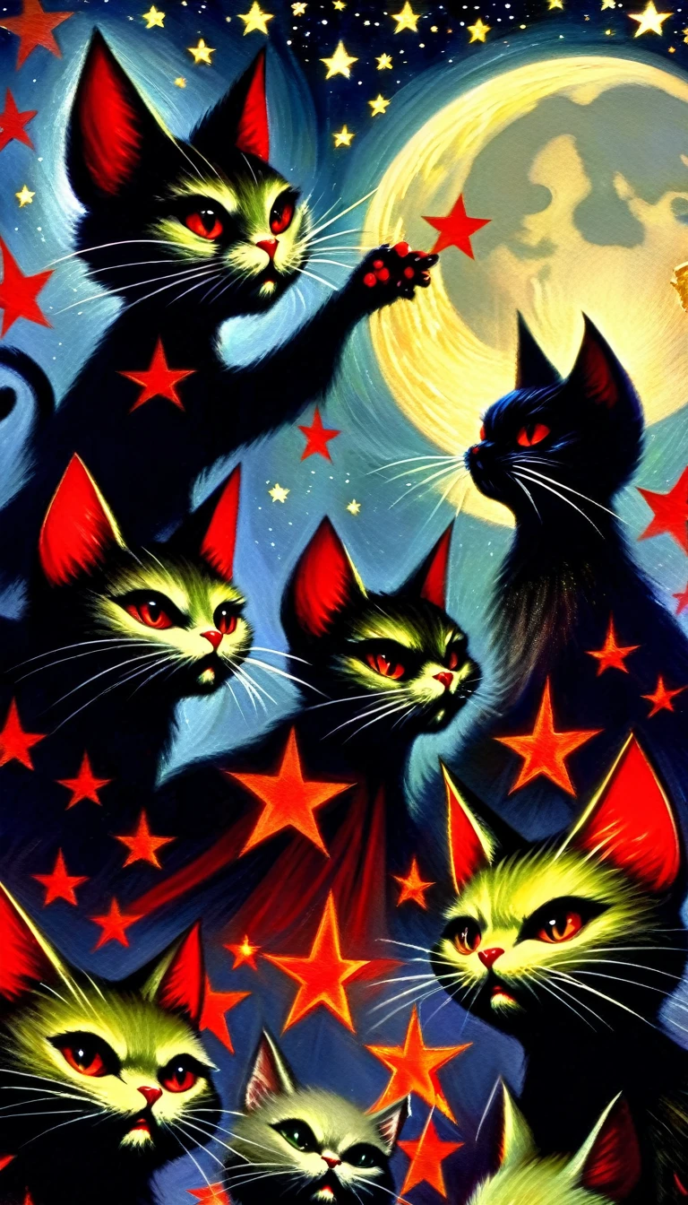 a demonic coven of communist cats, sinister communist cats, evil communist cats, communist cats with red stars, communist cats performing dark magic, communist cats against a night sky with moon and stars, detailed oil painting, masterpiece, sharp focus,physically-based rendering,extreme detail description,professional,vivid colors,bokeh,concept art