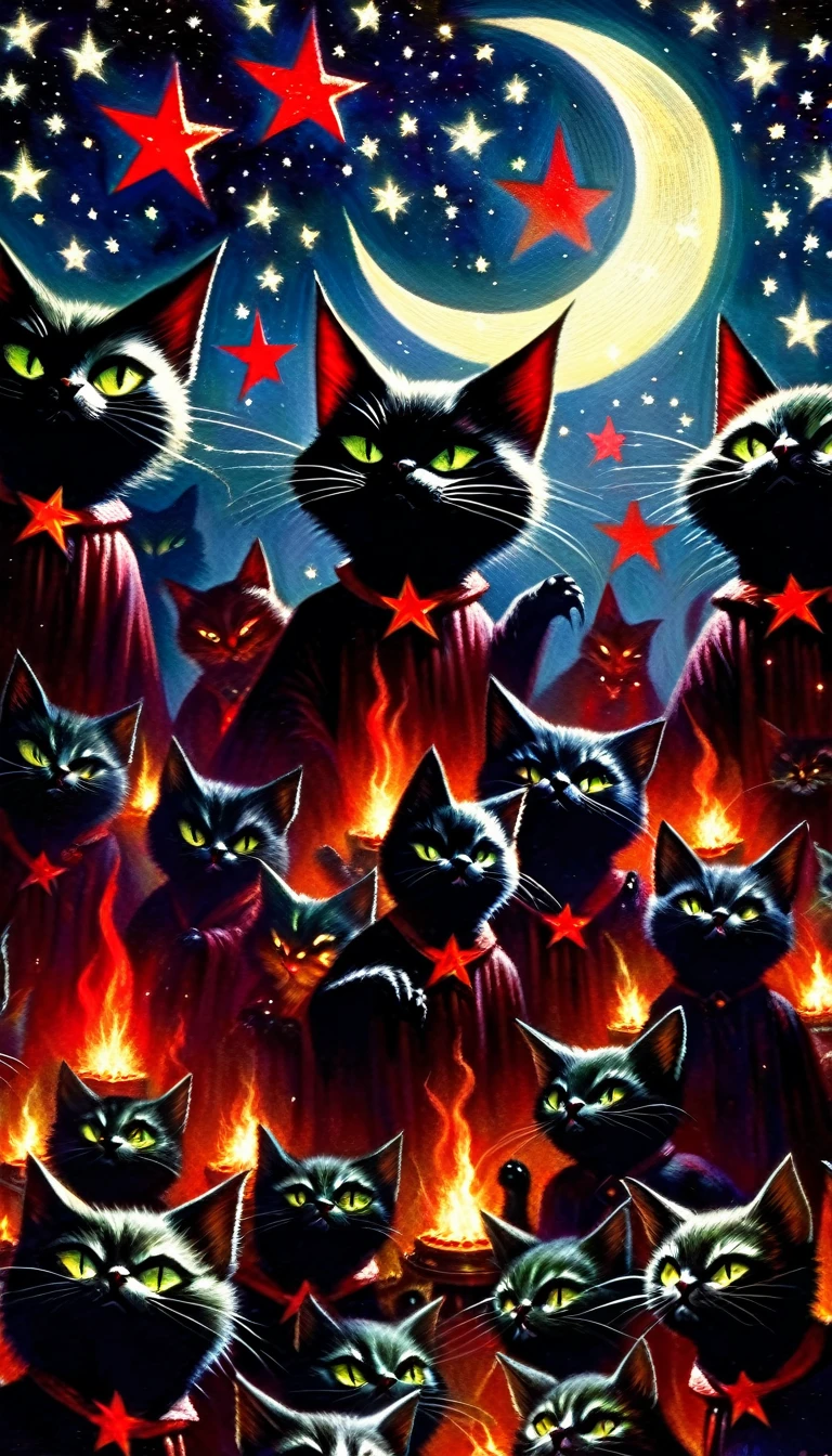 a demonic coven of communist cats, sinister communist cats, evil communist cats, communist cats with red stars, communist cats performing dark magic, communist cats against a night sky with moon and stars, detailed oil painting, masterpiece, sharp focus,physically-based rendering,extreme detail description,professional,vivid colors,bokeh,concept art