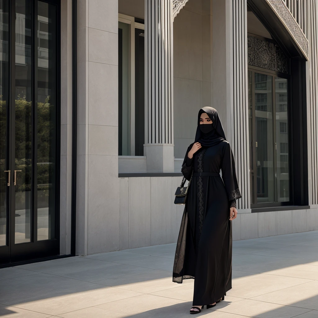 A young woman stands outdoors, wearing a black abaya and niqab. She holds a small white purse and is positioned in front of a modern building with large windows. The abaya features intricate lace detailing on the sleeves, adding an elegant touch to her modest attire. Sunlight softly illuminates her, highlighting the texture of her outfit and casting gentle shadows around her.