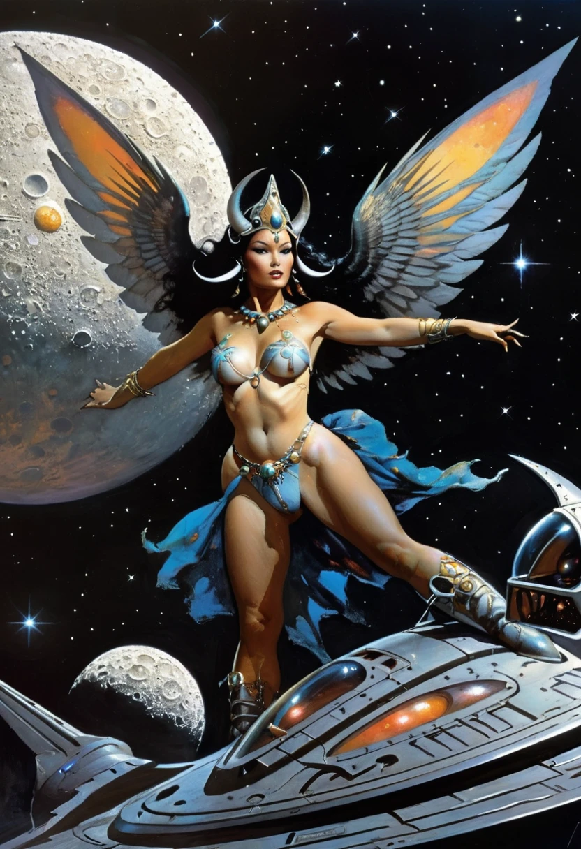 a beautiful moon goddess, a moon deity, biomechanical, spaceship, outer space, retro futuristic, sci-fi, fantasy art, 80s fantasy movie style, intricate mechanical details, glowing cybernetic enhancements, frank frazetta style, best quality, 8k, highres, masterpiece, ultra-detailed, realistic, photorealistic, HDR, UHD, studio lighting, ultra-fine painting, sharp focus, physically-based rendering, extreme detail description, professional, vivid colors