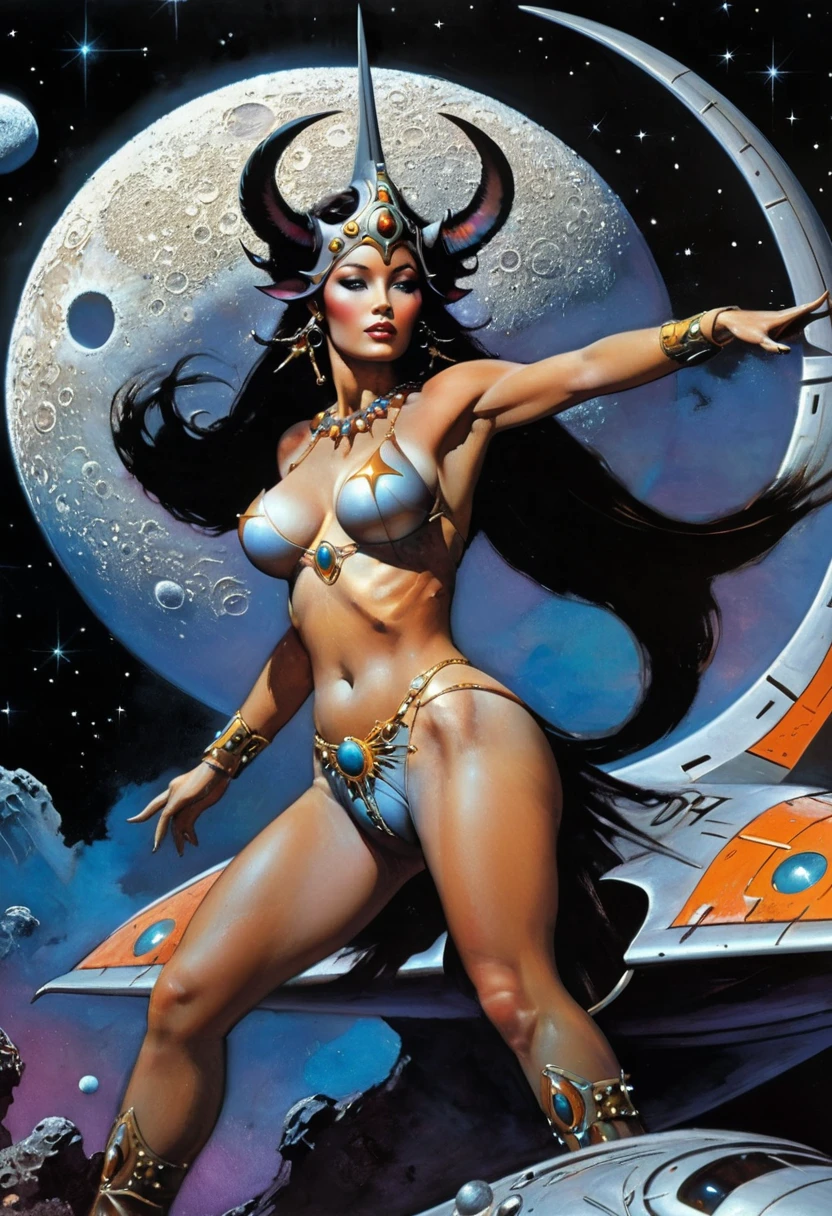 a beautiful moon goddess, a moon deity, biomechanical, spaceship, outer space, retro futuristic, sci-fi, fantasy art, 80s fantasy movie style, intricate mechanical details, glowing cybernetic enhancements, frank frazetta style, best quality, 8k, highres, masterpiece, ultra-detailed, realistic, photorealistic, HDR, UHD, studio lighting, ultra-fine painting, sharp focus, physically-based rendering, extreme detail description, professional, vivid colors