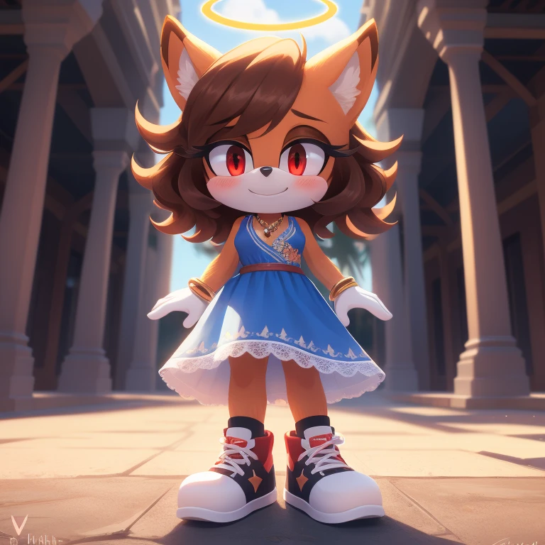 mobian, solo, hedgehog, two-tone fur ((orange fur, brown fur)), dress summer v-neck hollow tassel embroidery lace up, high-top sneakers, small breasts, two-tone hair (brown hair, black tip)), curly hair, halo, sunglasses, jewelry, red eyes, longeyelashes, red eyes, smile, shy, blush, pose, high detail, masterpiece, UHD, anatomically correct, super detail, highres, 4K