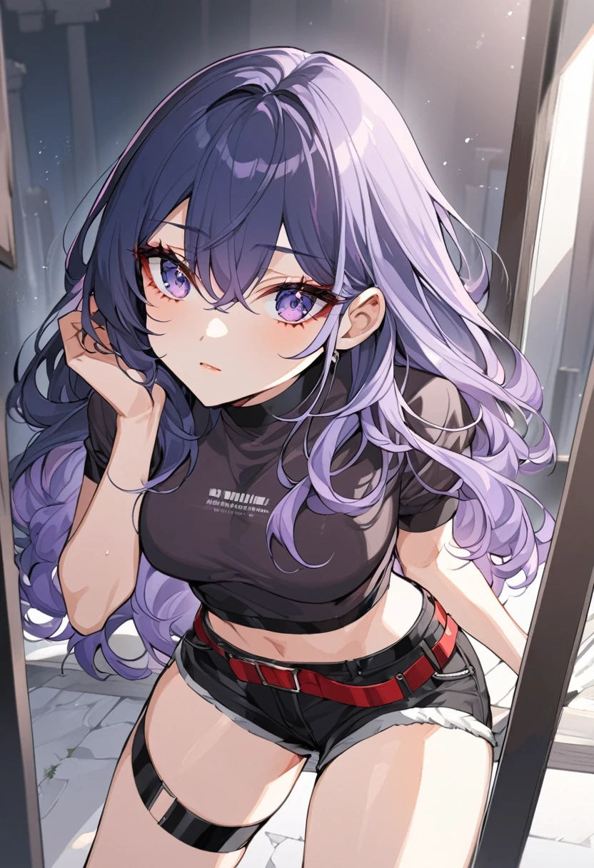 One a beautiful and calm woman, she has dark blue hair mixed with light purple hair at the ends of her hair, she wears black shorts and she wears a dark purple top with a red belt accessory and accessories are a pair of black and white thigh straps. Manhwa style.