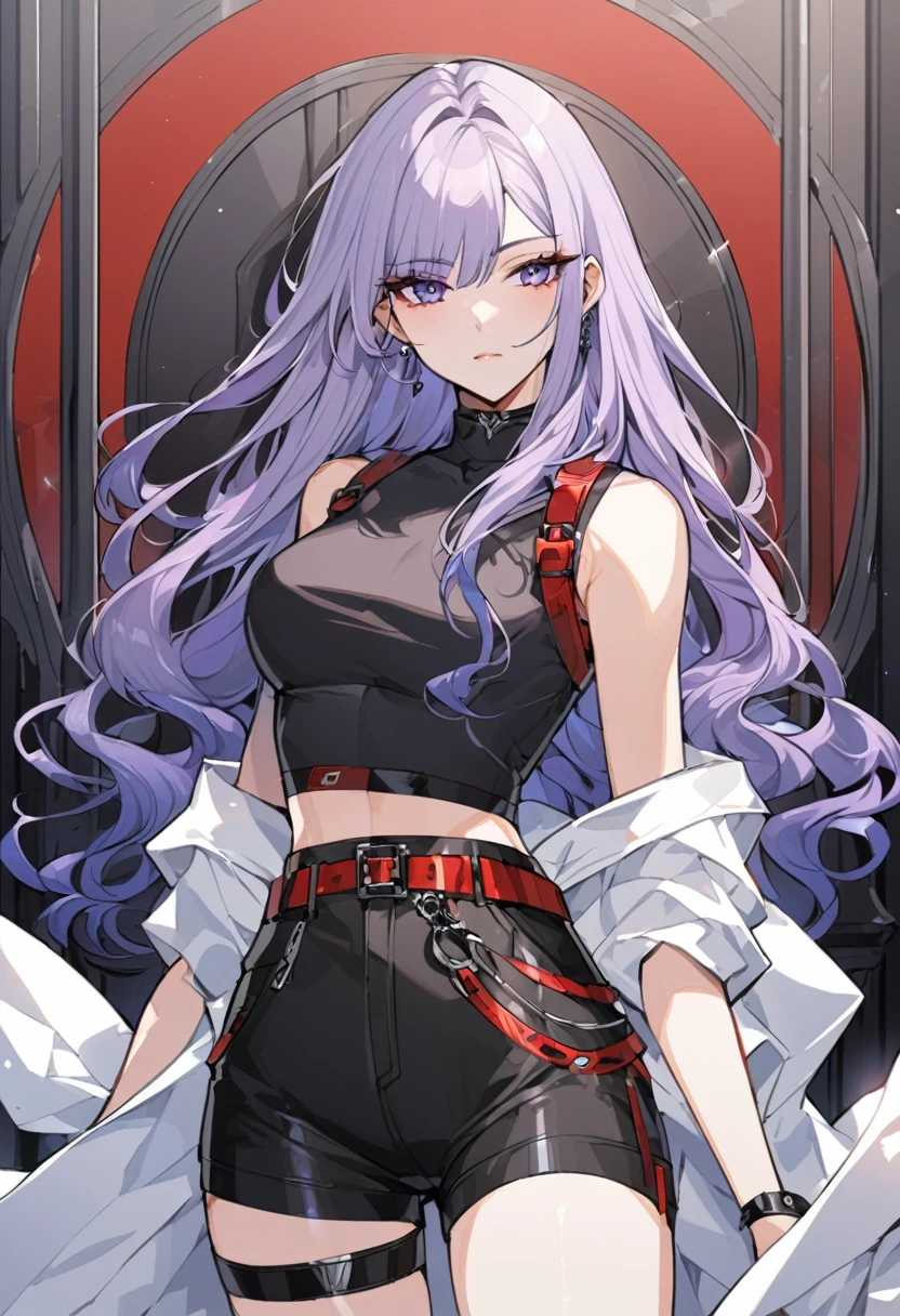 One a beautiful and calm woman, she has dark blue hair mixed with light purple hair at the ends of her hair, she wears black shorts and she wears a dark purple top with a red belt accessory and accessories are a pair of black and white thigh straps. Manhwa style.  