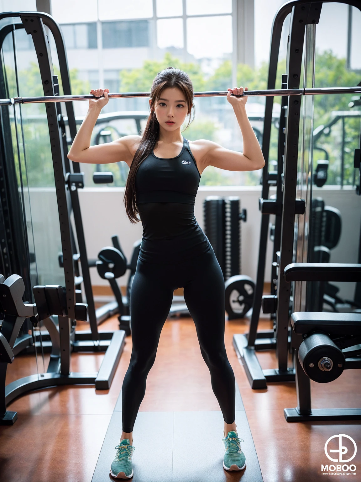 highest quality, masterpiece, realistic, High resolution, 8K RAW photo,alone, 1 girl, medium long hair、exercising at gym、30 years old、yoga pants, (((full body shot)))