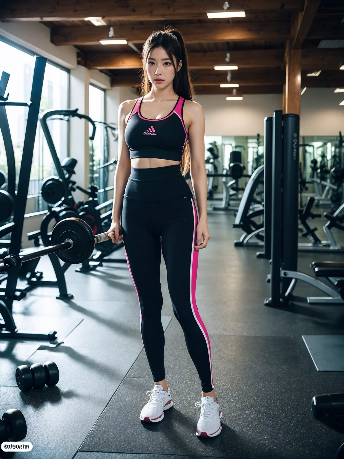 highest quality, masterpiece, realistic, High resolution, 8K RAW photo,alone, 1 girl, medium long hair、exercising at gym、30 years old、yoga pants, (((full body shot)))