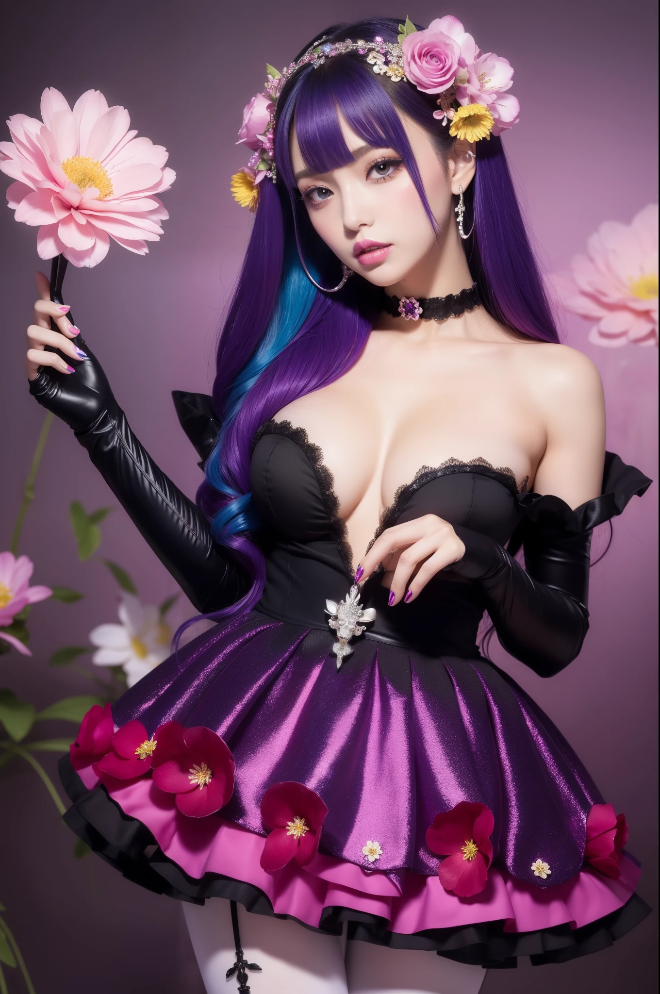 beautiful sexy woman who controls poison、lipgloss、professional makeup、full body Esbian、、sparkling poisoned flower costume、、、、sparkling Colorful hair、secrete poison、skull hair accessories schnet tights、flowers background