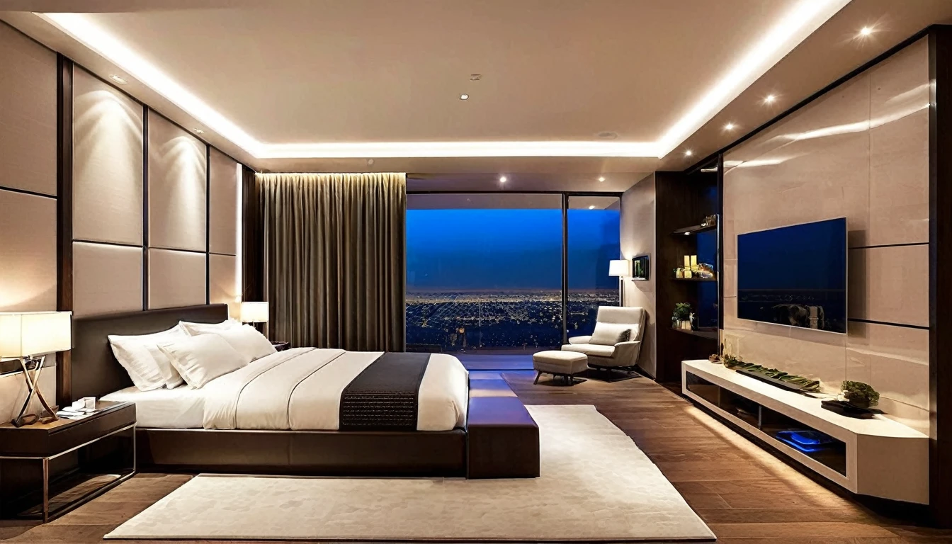 Produce an image of the bedroom in this technological marvel. Emphasize a tranquil atmosphere with automated lighting, a luxurious bed, and minimalist decor that enhances relaxation
