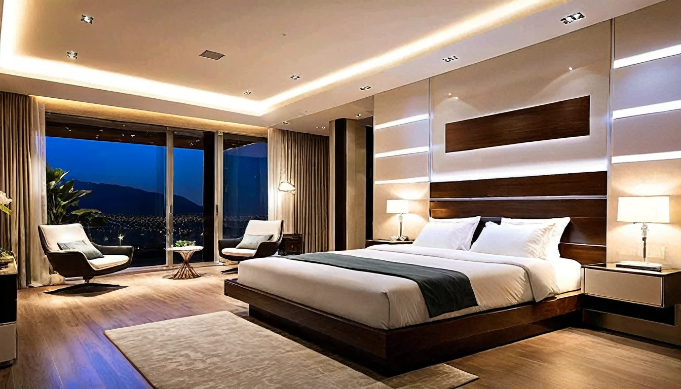 Produce an image of the bedroom in this technological marvel. Emphasize a tranquil atmosphere with automated lighting, a luxurious bed, and minimalist decor that enhances relaxation
