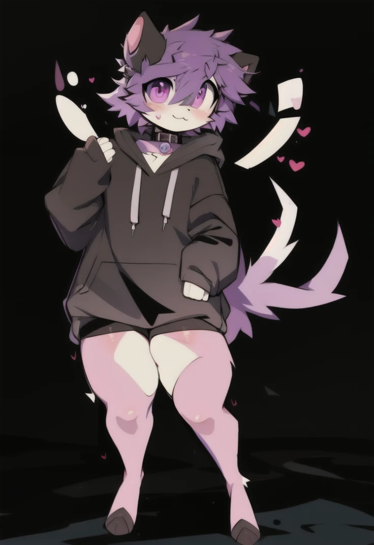 (masterpiece, best quality:1.2), 1girl, solo, purple hair, black and purple fur, black hoodie, purple eyes, pouty, looking at viewer, cute, emo, goth, simple background