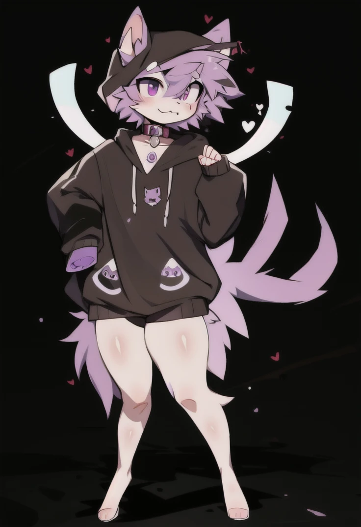 (masterpiece, best quality:1.2), 1girl, solo, purple hair, black and purple fur, black hoodie, purple eyes, pouty, looking at viewer, cute, emo, goth, simple background