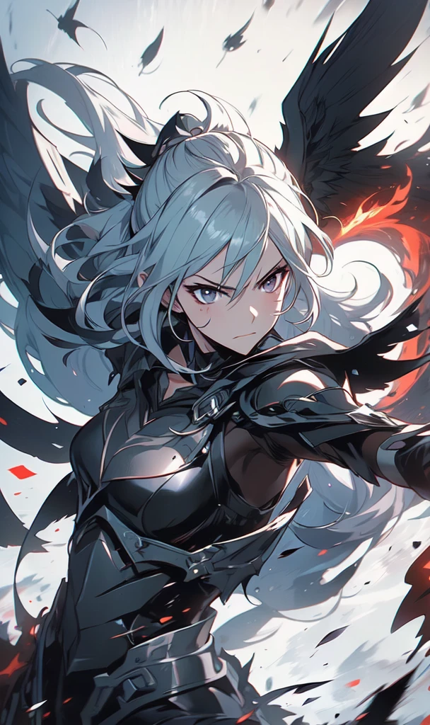 1girl, solo, anime, anime girl, black wings, white hair, black wings, black wings, black wings, black wings, black wings, black wings, black wings, from arknights, middle shot of a female anime hero, artgerm and atey ghailan, arknights, in combat, dynamic, dynamic pose, dynamic composition, attack, fate grand order, anime style like fate/stay night, senti, black eyes, white hair, poinytail, mature, (anger, tsurime:1.33), cursed armor, high tech armor, black armor, stealthtech ,scifi ,cutting edge , sleek angular, flames, destruction, world on fire, apocalyptic mass destruction