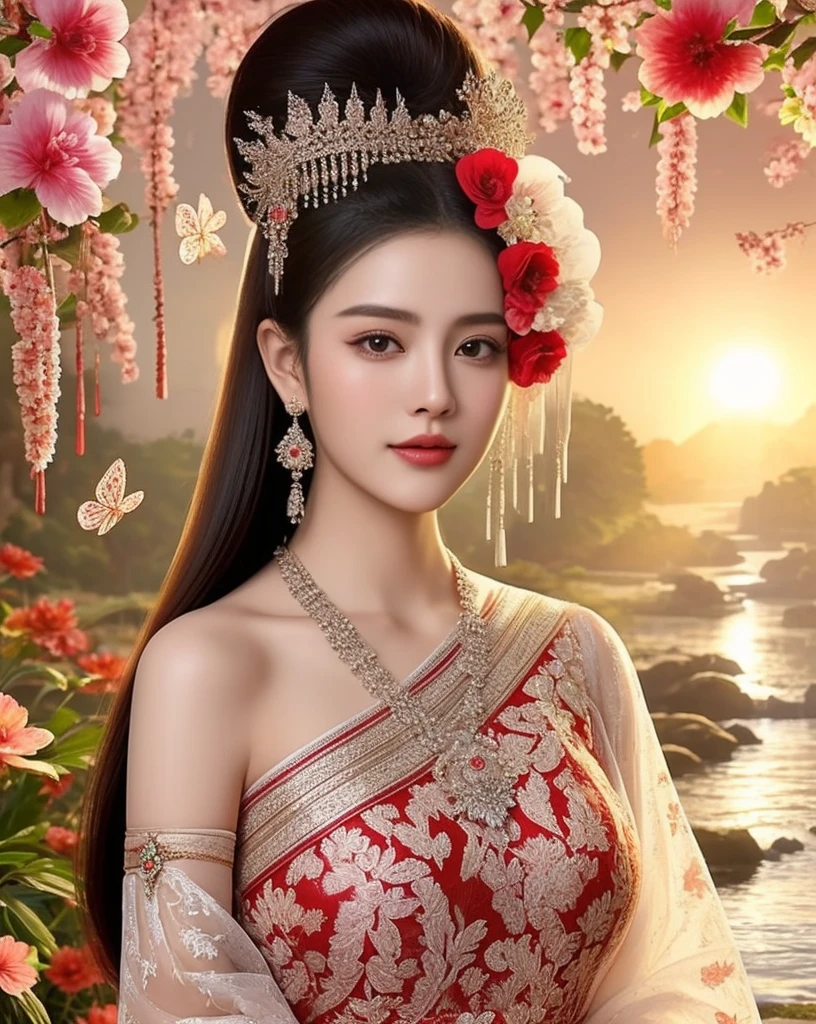 (ผู้หญิงlong hairชาวเอเชียตะวันออกเฉียงใต้ที่มีใบหน้ากลม,,very large breasts,,Chest measurement 36 inches.,)) Warm light, morning sun, long hair,black eyes,abdominal muscles, The body is beautiful and strong., thick hips, rounded chest, (digital painting, HDR, high contrast), 3d, 8K, 45,000,000 pixcls,Asian girl, Gorgeous Chinese model, jaw-dropping beauty, Attractive, sexy, seductive face and body, A woman in a red dress and gold jewelry poses for a photo., traditional beauty, Sukhothai dress, Southeast Asia that has existed for a long time, traditional chinese, traditional, beautiful oriental woman, traditional tai costume, asian woman, Dilraba Dilmurat, Chinese style, Niwan Chandra, wear red dress, Wear luxurious jewelry., Inspired by Tang Di