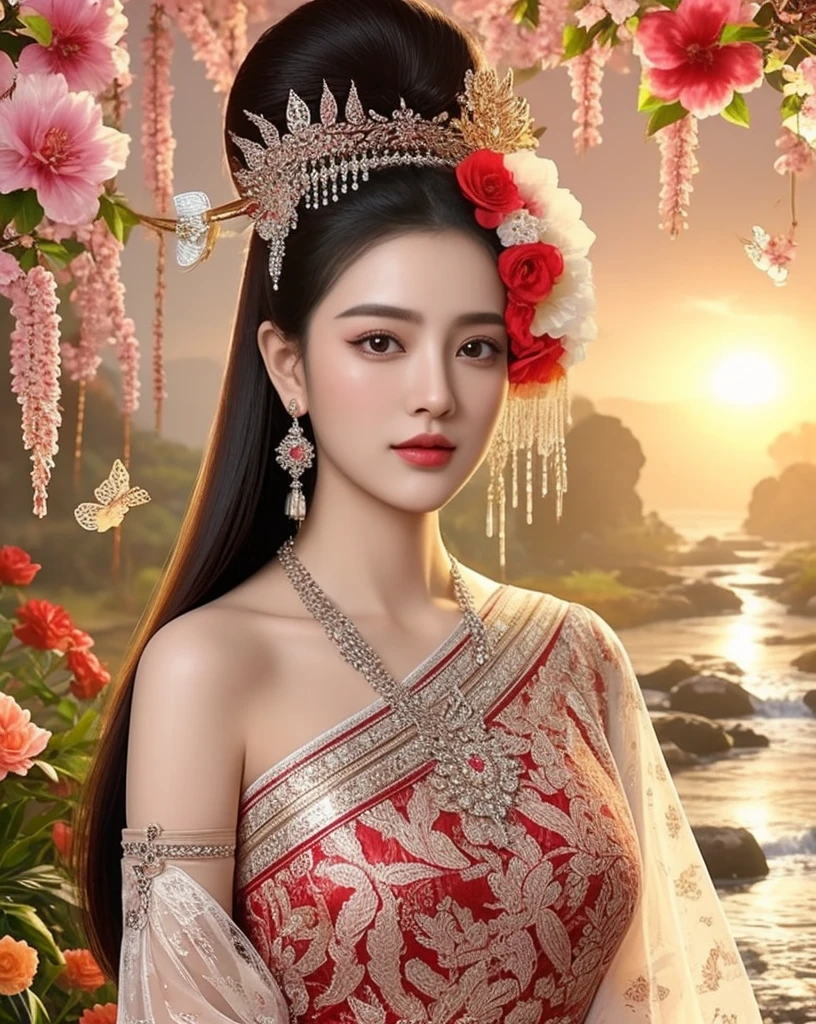 (ผู้หญิงlong hairชาวเอเชียตะวันออกเฉียงใต้ที่มีใบหน้ากลม,,very large breasts,,Chest measurement 36 inches.,)) Warm light, morning sun, long hair,black eyes,abdominal muscles, The body is beautiful and strong., thick hips, rounded chest, (digital painting, HDR, high contrast), 3d, 8K, 45,000,000 pixcls,Asian girl, Gorgeous Chinese model, jaw-dropping beauty, Attractive, sexy, seductive face and body, A woman in a red dress and gold jewelry poses for a photo., traditional beauty, Sukhothai dress, Southeast Asia that has existed for a long time, traditional chinese, traditional, beautiful oriental woman, traditional tai costume, asian woman, Dilraba Dilmurat, Chinese style, Niwan Chandra, wear red dress, Wear luxurious jewelry., Inspired by Tang Di