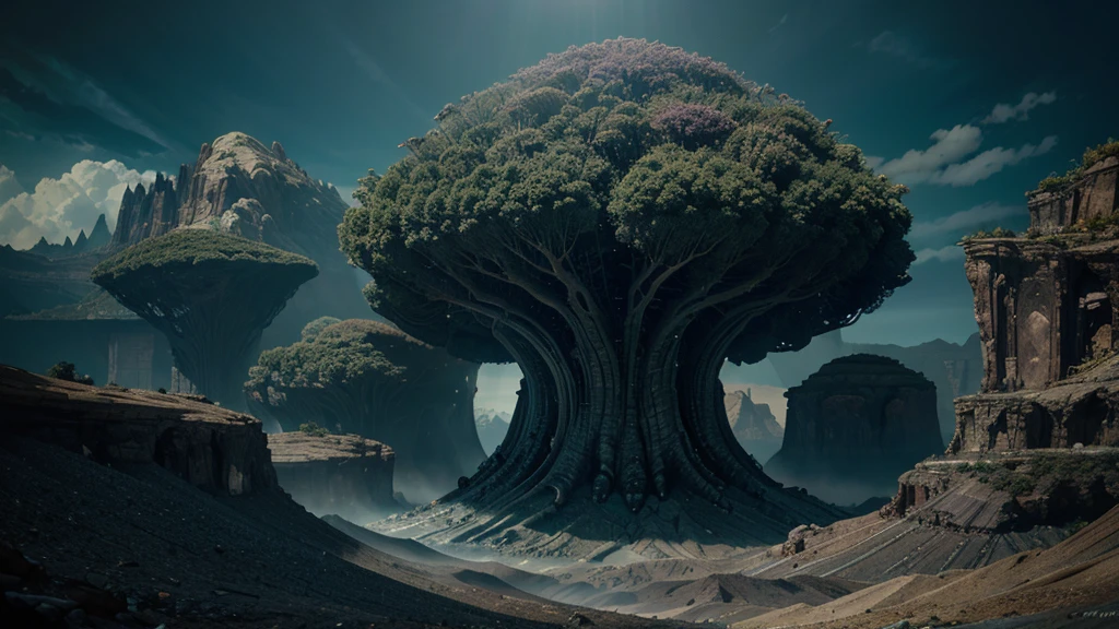 a fantastical alien landscape, dramatic lighting, highly detailed, volumetric clouds, glowing alien flora, mysterious structures, deep vibrant colors, cinematic composition, hyper-realistic, award-winning digital art, 8k, ultra-detailed, masterpiece