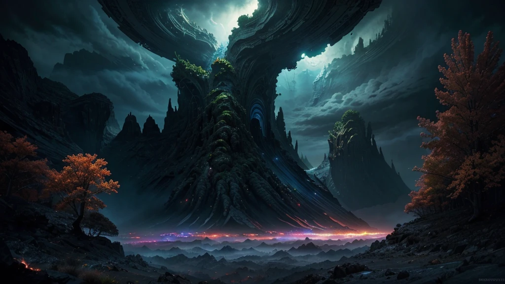 a fantastical alien landscape, dramatic lighting, highly detailed, volumetric clouds, glowing alien flora, mysterious structures, deep vibrant colors, cinematic composition, hyper-realistic, award-winning digital art, 8k, ultra-detailed, masterpiece