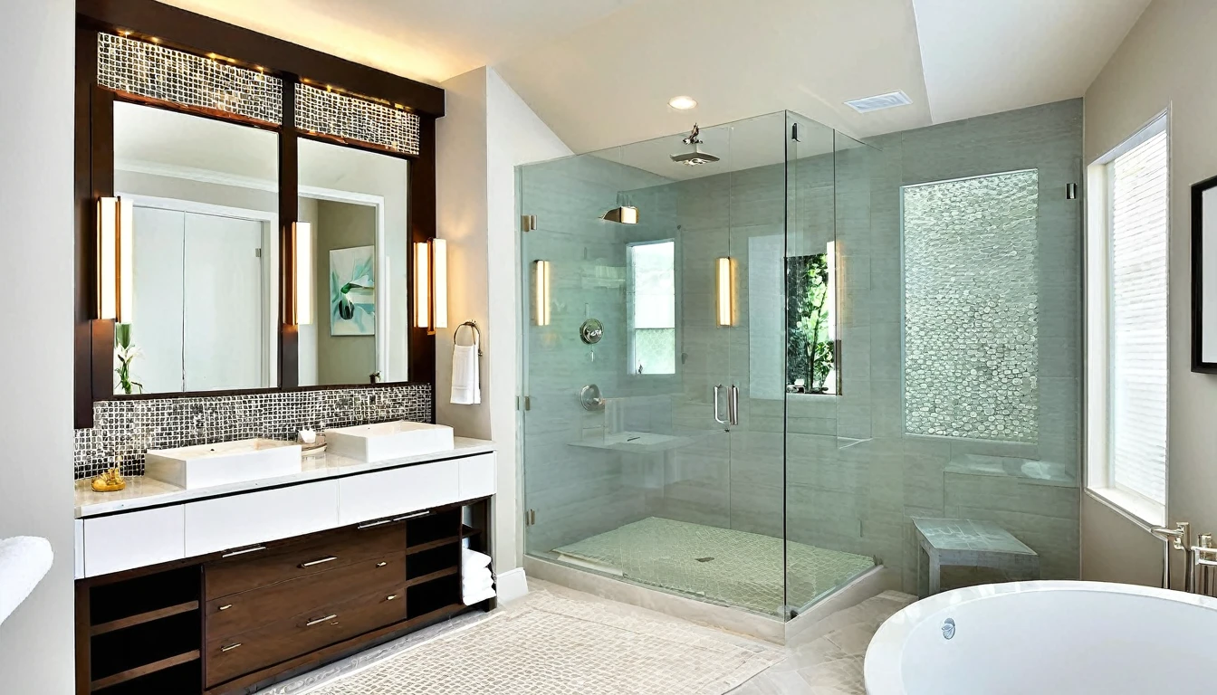 Craft an image of the bathroom, a space where innovation and elegance converge. Showcase high-tech fixtures, spa-like features, and a design that exudes sophistication and comfort.