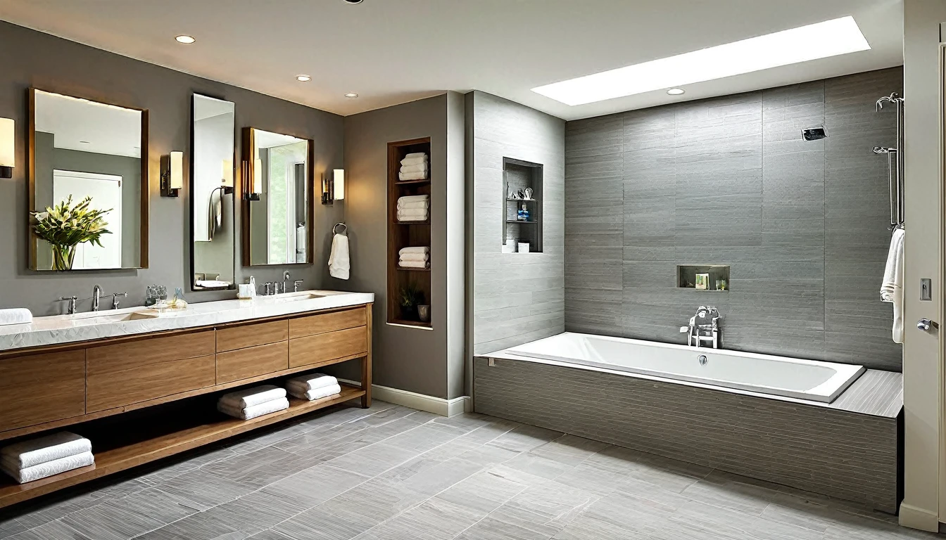 Craft an image of the bathroom, a space where innovation and elegance converge. Showcase high-tech fixtures, spa-like features, and a design that exudes sophistication and comfort.