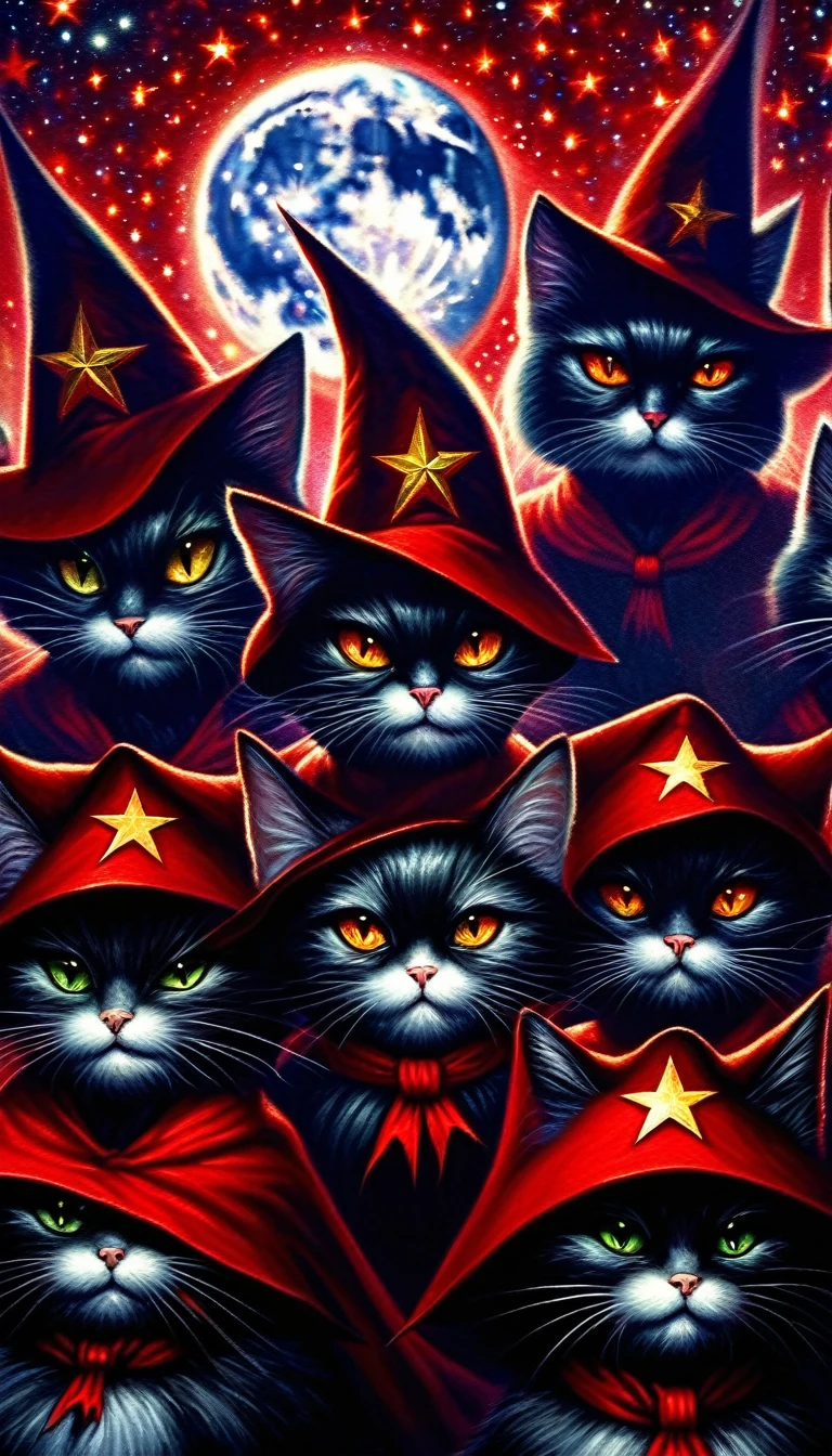 a demonic coven of communist cats, sinister communist cats, evil communist cats, communist cats with red stars, communist cats performing dark magic, communist cats against a night sky with moon and stars, detailed oil painting, masterpiece, sharp focus,physically-based rendering,extreme detail description,professional,vivid colors,bokeh,concept art