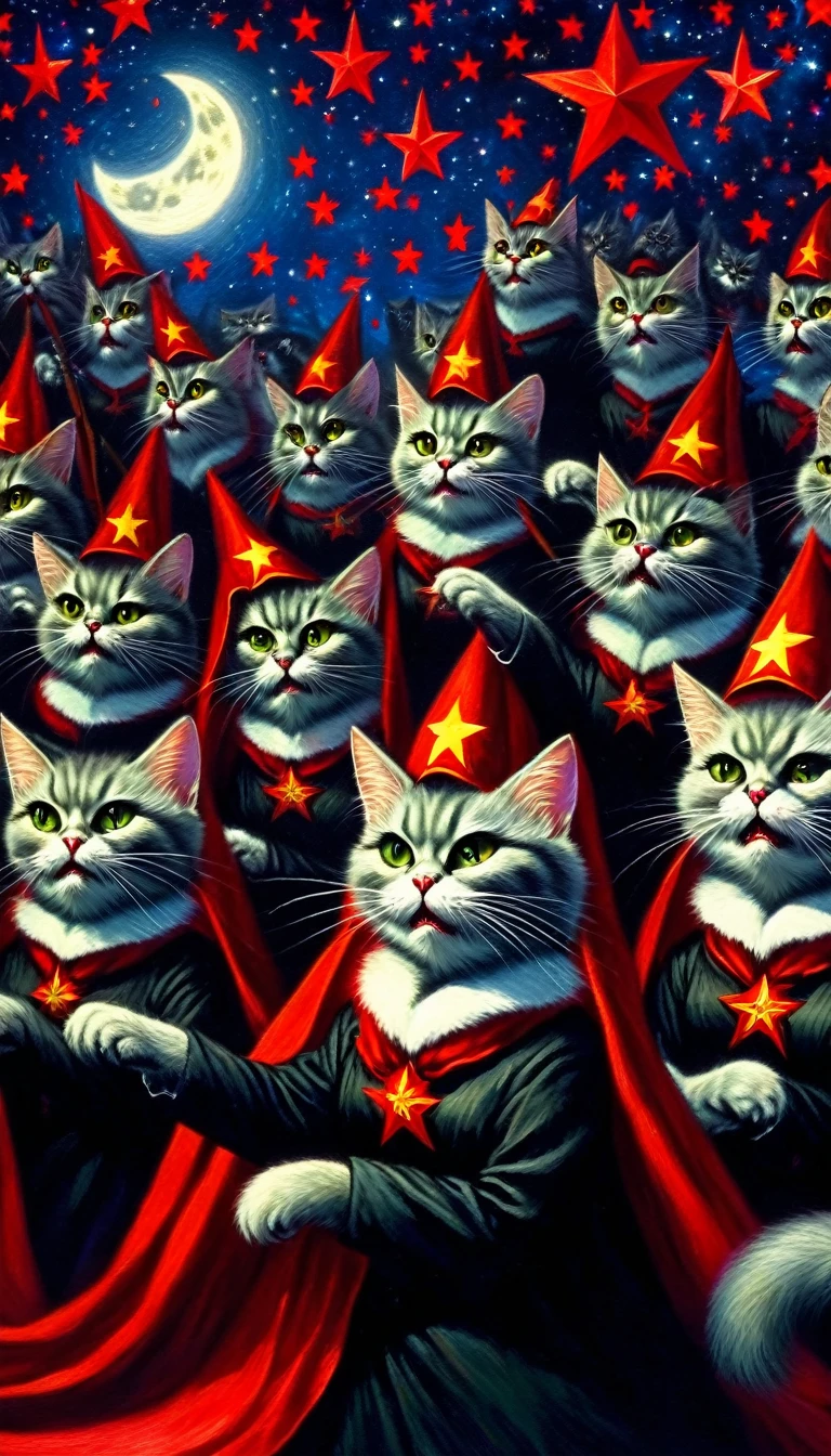 a demonic coven of communist cats, sinister communist cats, evil communist cats, communist cats with red stars, communist cats performing dark magic, communist cats against a night sky with moon and stars, detailed oil painting, masterpiece, sharp focus,physically-based rendering,extreme detail description,professional,vivid colors,bokeh,concept art
