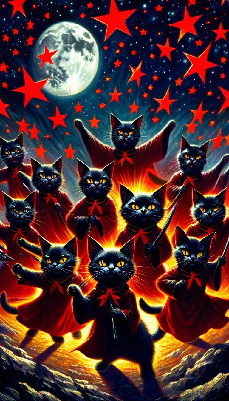 a demonic coven of communist cats, sinister communist cats, evil communist cats, communist cats with red stars, communist cats performing dark magic, communist cats against a night sky with moon and stars, detailed oil painting, masterpiece, sharp focus,physically-based rendering,extreme detail description,professional,vivid colors,bokeh,concept art