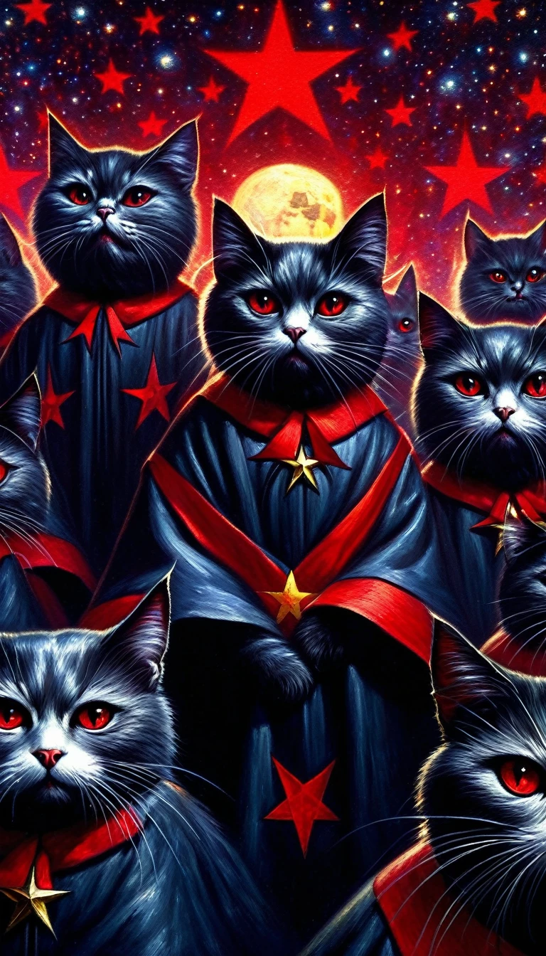 a demonic coven of communist cats, sinister communist cats, evil communist cats, communist cats with red stars, communist cats performing dark magic, communist cats against a night sky with moon and stars, detailed oil painting, masterpiece, sharp focus,physically-based rendering,extreme detail description,professional,vivid colors,bokeh,concept art