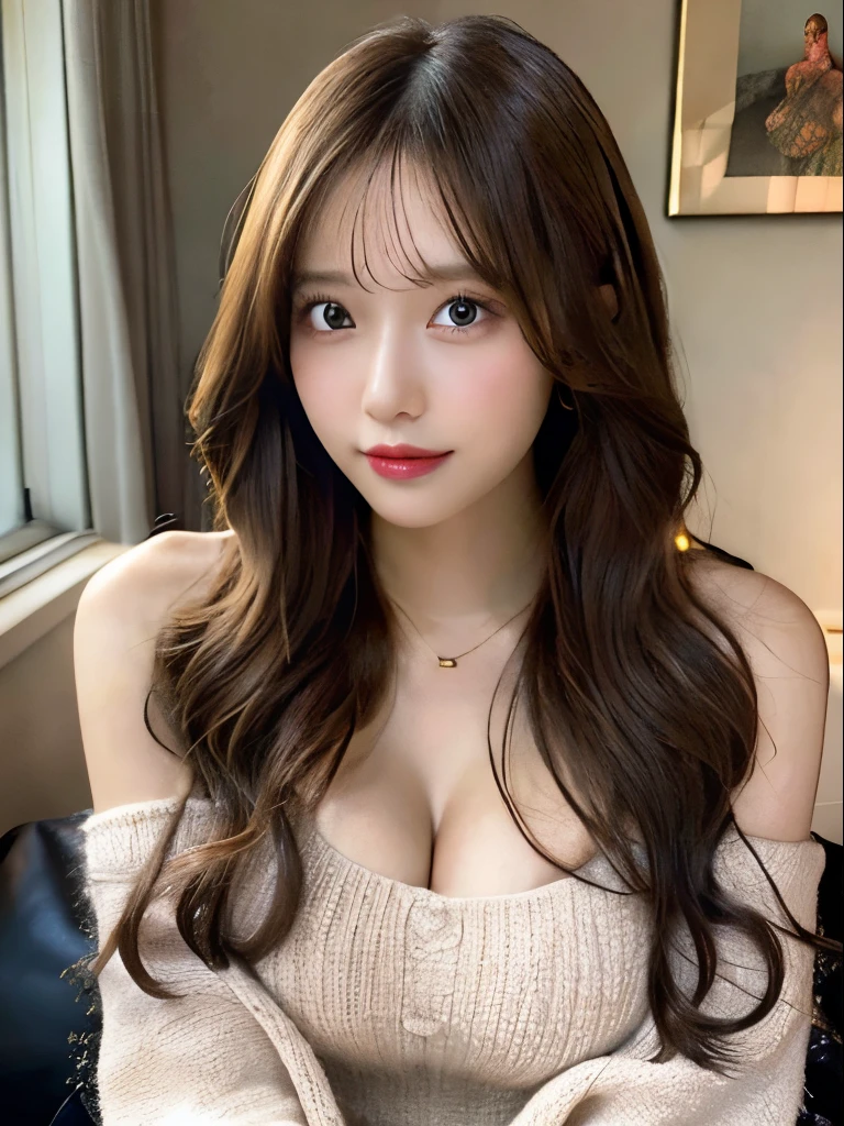 best qualtiy,tmasterpiece,超A high resolution,(realisticlying:1.4),
1girll long curly hair,Rich in detail, shoulder,cleavage,Knitwear, Deep shading, messy room, sit pose, Sitting on an object,