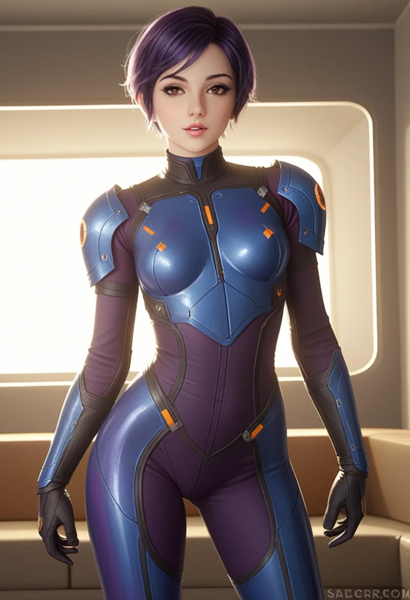 score_9_up, score_8_up, score_7_up, 1girl, solo, mature female, ((Sabin Wren)), purple short  hair, pixie haircut, brown eyes, pink lips, parted lips, fit slim body, (((armor suit))), (((dark grey Starship room, space in the porthole, detailed furniture, highly detailed interior, blue led backlight))), perfect model body, seductive pose