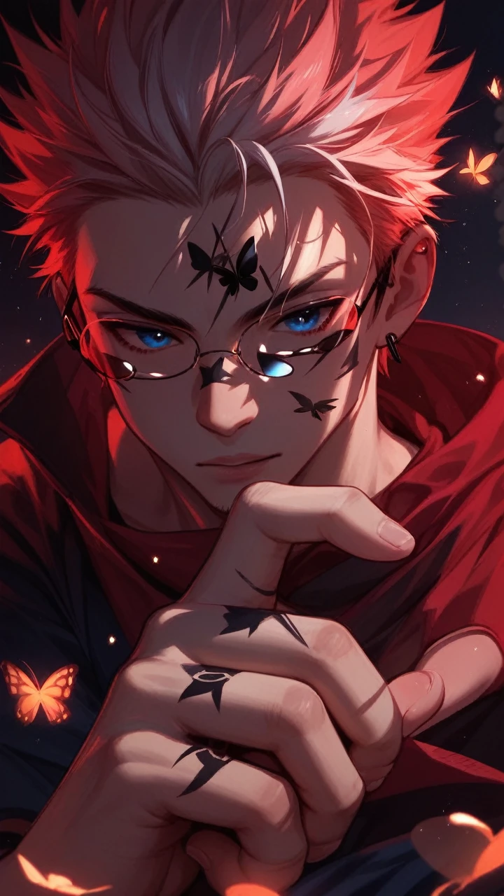 Illustration of a character with white hair, blue eyes, and wearing round sunglasses. They are dressed in a dark outfit, surrounded by blue and black butterflies under a light rain. The character is sitting with one arm resting on their knee and the other hand touching the ground.