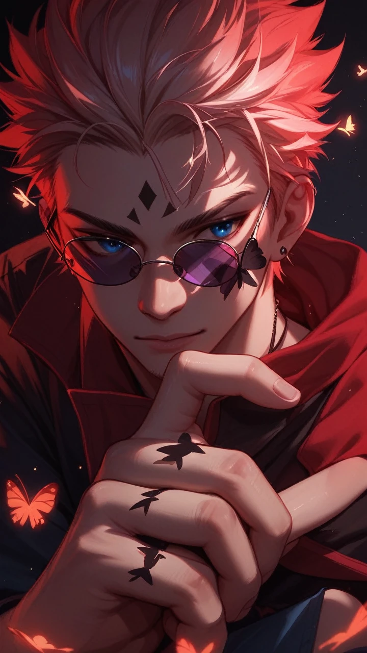 Illustration of a character with white hair, blue eyes, and wearing round sunglasses. They are dressed in a dark outfit, surrounded by blue and black butterflies under a light rain. The character is sitting with one arm resting on their knee and the other hand touching the ground.
