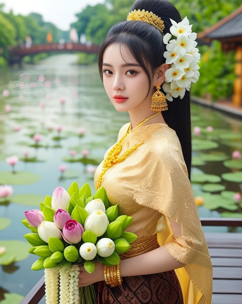 (ผู้หญิงlong hairชาวเอเชียตะวันออกเฉียงใต้ที่มีใบหน้ากลม,,very large breasts,,Chest measurement 36 inches.,)) Warm light, morning sun, long hair,black eyes,abdominal muscles, The body is beautiful and strong., thick hips, rounded chest, (digital painting, HDR, high contrast), 3d, 8K, 45,000,000 pixcls,Asian girl, Gorgeous Chinese model, jaw-dropping beauty, Attractive, sexy, seductive face and body, A woman in a red dress and gold jewelry poses for a photo., traditional beauty, Sukhothai dress, Southeast Asia that has existed for a long time, traditional chinese, traditional, beautiful oriental woman, traditional tai costume, asian woman, Dilraba Dilmurat, Chinese style, Niwan Chandra, wear red dress, Wear luxurious jewelry., Inspired by Tang Di