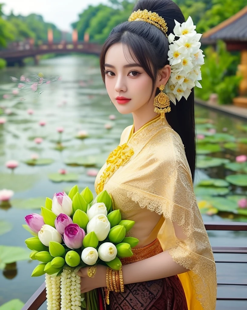 (ผู้หญิงlong hairชาวเอเชียตะวันออกเฉียงใต้ที่มีใบหน้ากลม,,very large breasts,,Chest measurement 36 inches.,)) Warm light, morning sun, long hair,black eyes,abdominal muscles, The body is beautiful and strong., thick hips, rounded chest, (digital painting, HDR, high contrast), 3d, 8K, 45,000,000 pixcls,Asian girl, Gorgeous Chinese model, jaw-dropping beauty, Attractive, sexy, seductive face and body, A woman in a red dress and gold jewelry poses for a photo., traditional beauty, Sukhothai dress, Southeast Asia that has existed for a long time, traditional chinese, traditional, beautiful oriental woman, traditional tai costume, asian woman, Dilraba Dilmurat, Chinese style, Niwan Chandra, wear red dress, Wear luxurious jewelry., Inspired by Tang Di