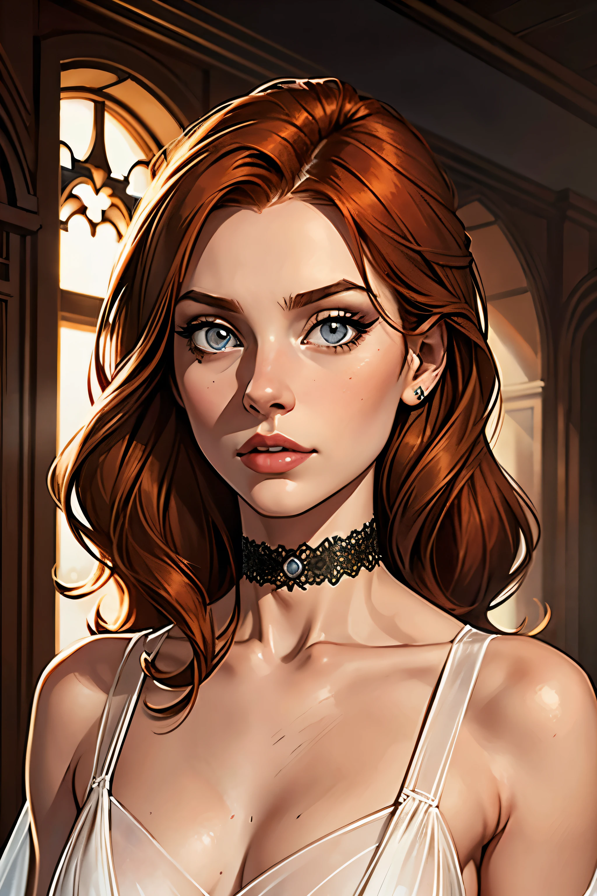best qualityer, work of art, (realisitic: 1.2), 1 girl, slender girl, ginger hair, eyes browns, 3/4 view, face detailed, gorgeous eyes, eyes gray, eyes large, small, choker, see through gown