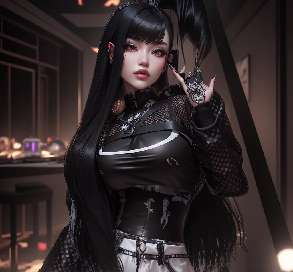 AVATAR SECOND LIFE Korean girl, coat with holes black, black blouse, Asian, long white hair,Perfect and detailed face, imvu, maximalist details, AVATAR SECOND LIFE Korean blusa , neon, 