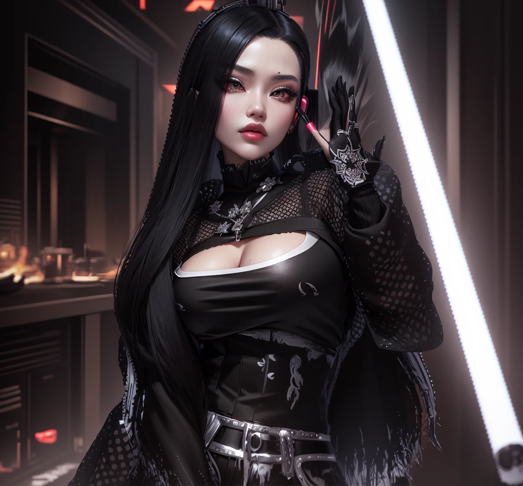 AVATAR SECOND LIFE Korean girl, coat with holes black, black blouse, Asian, long white hair,Perfect and detailed face, imvu, maximalist details, AVATAR SECOND LIFE Korean blusa , neon,